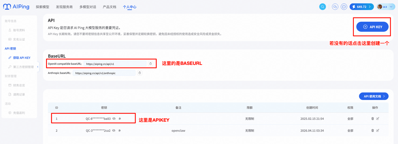 API Key 页面